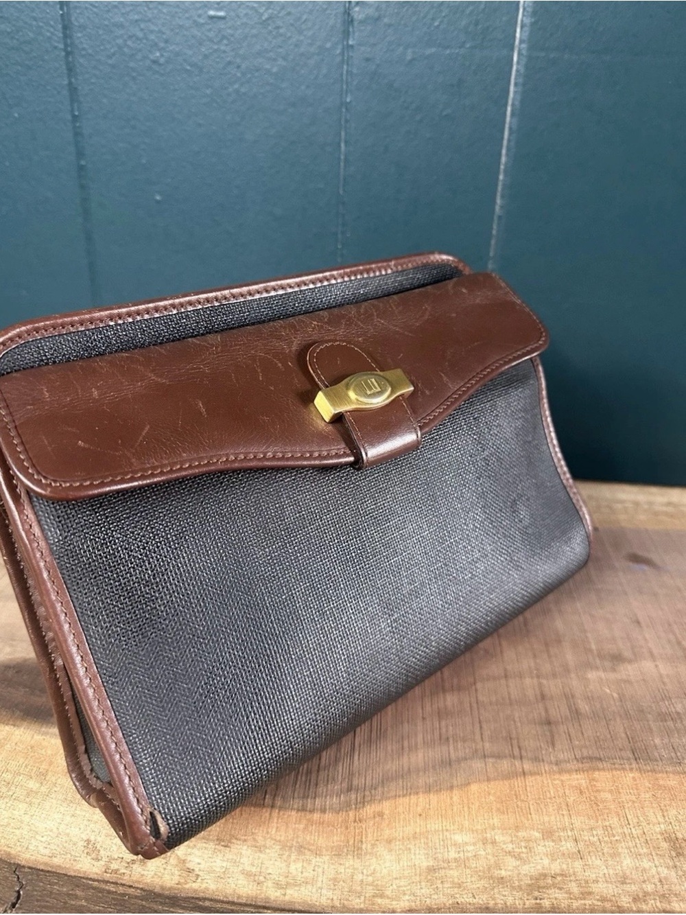 Vintage Dunhill Leather Canvas Clutch Travel Second Bag Plaid Lined Luxury Mens